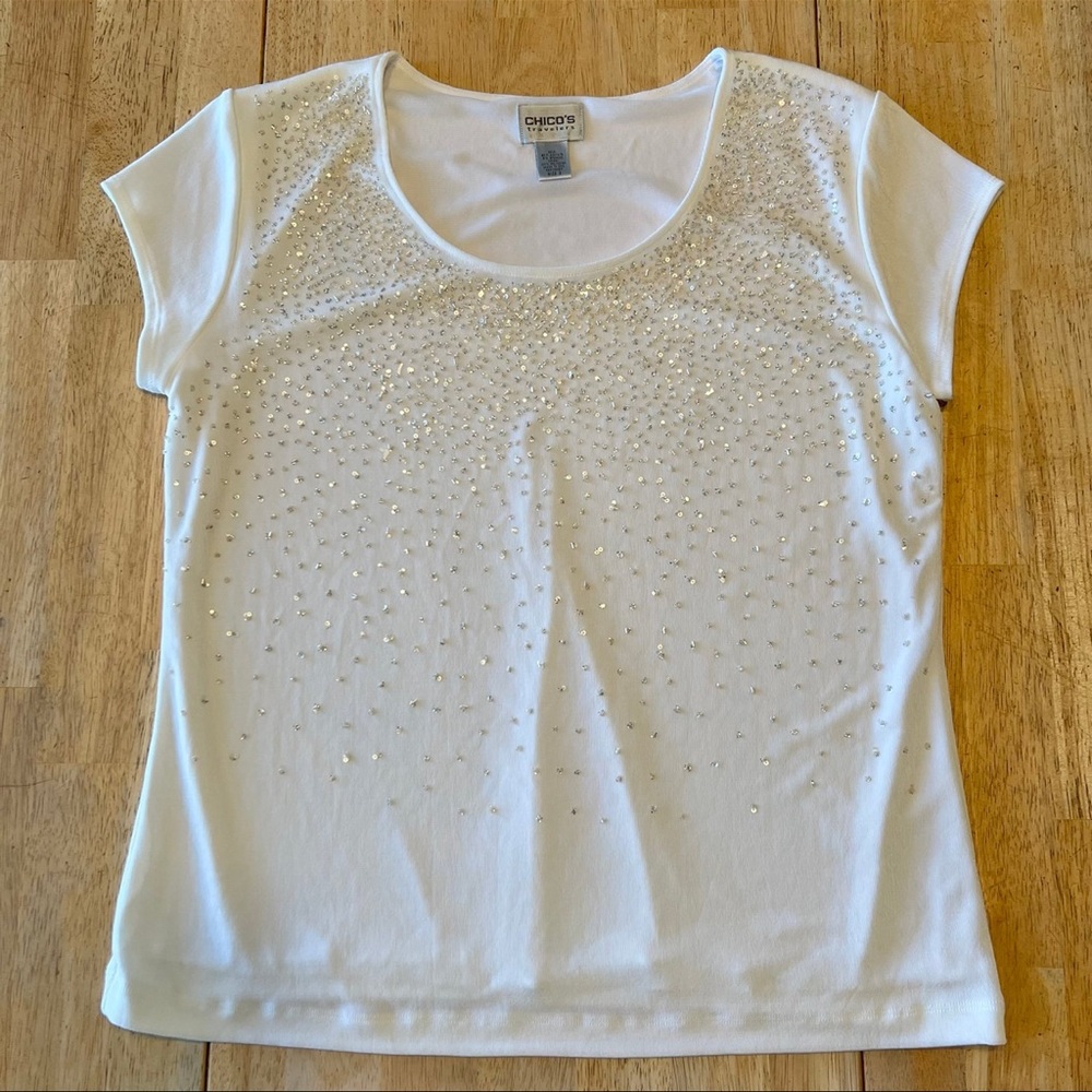 Chico’s Travelers Collection Sequin Beaded Glimmer Tee ~ Size 2